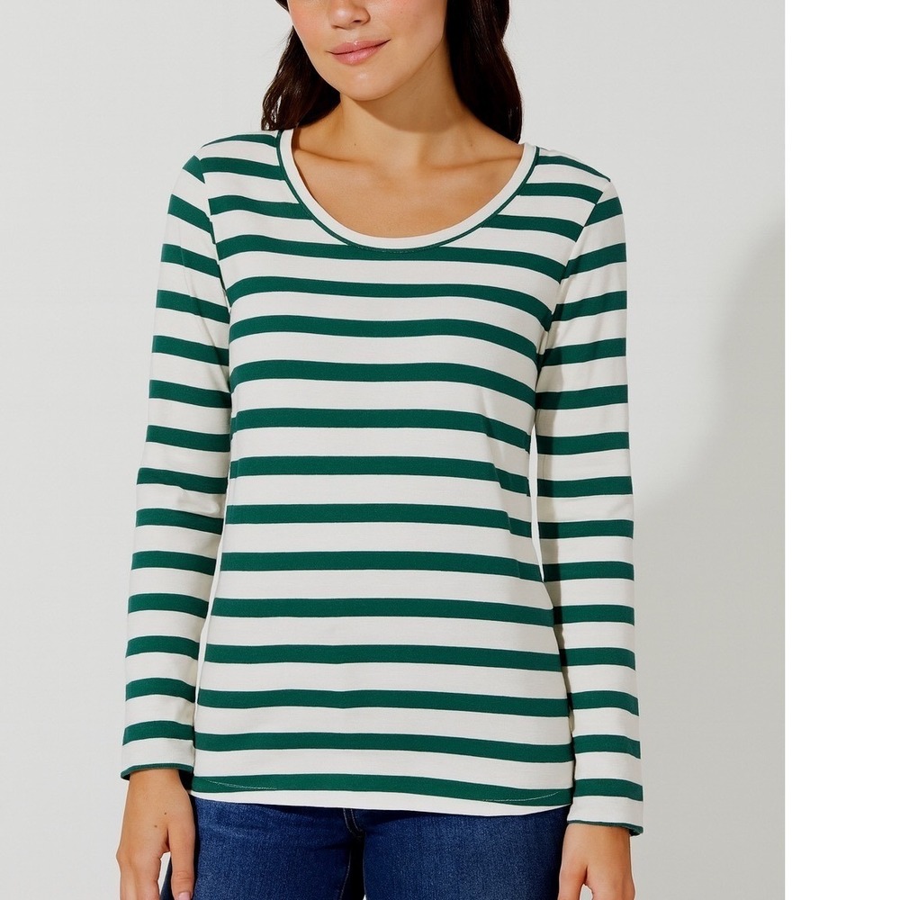 Ann Taylor LOFT Womens Green White Striped Scoop‎ Neck Long Sleeve Top Size M